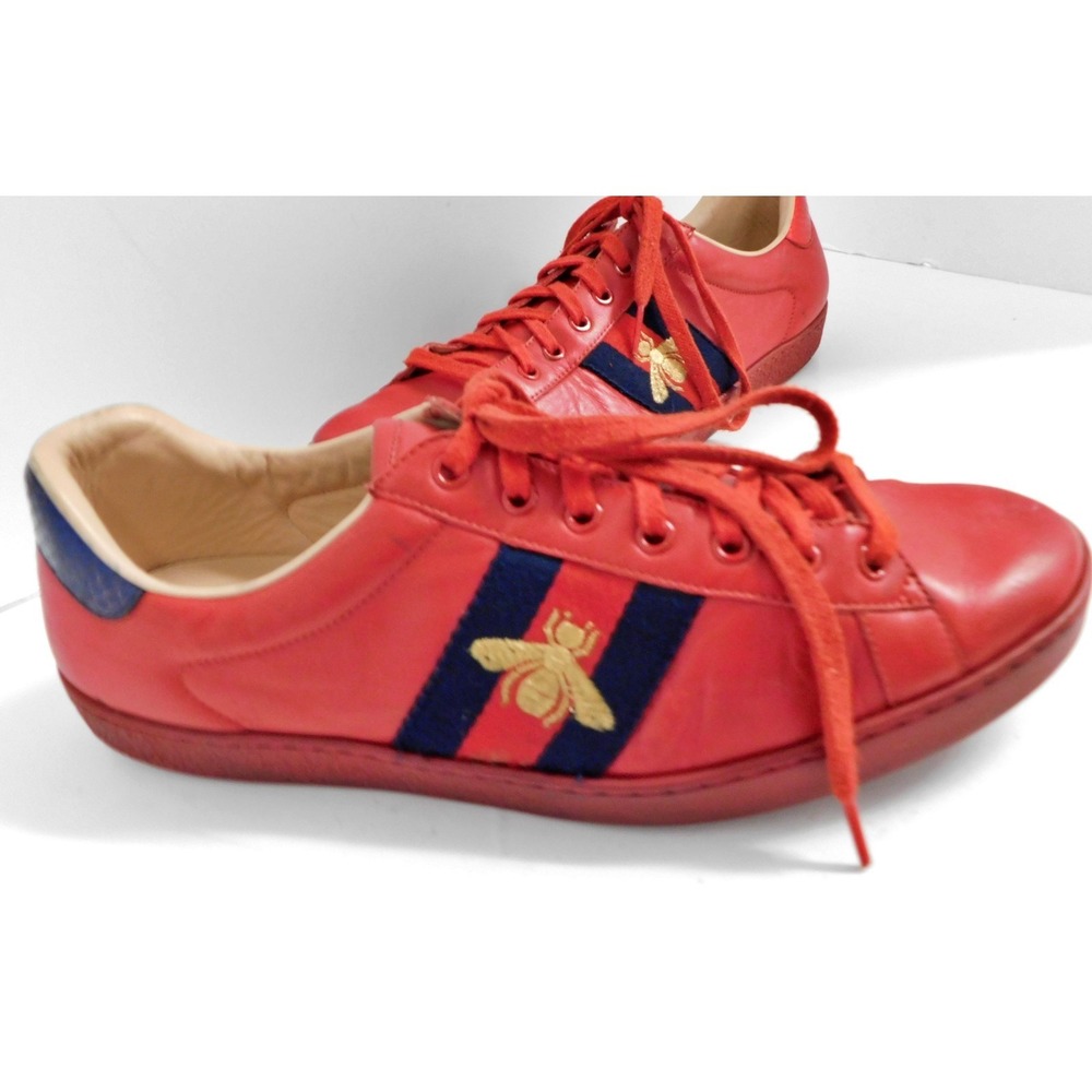 Gucci Ace Embroidered Red Bee Web‎ Mens Red Sneakers  Size 10
